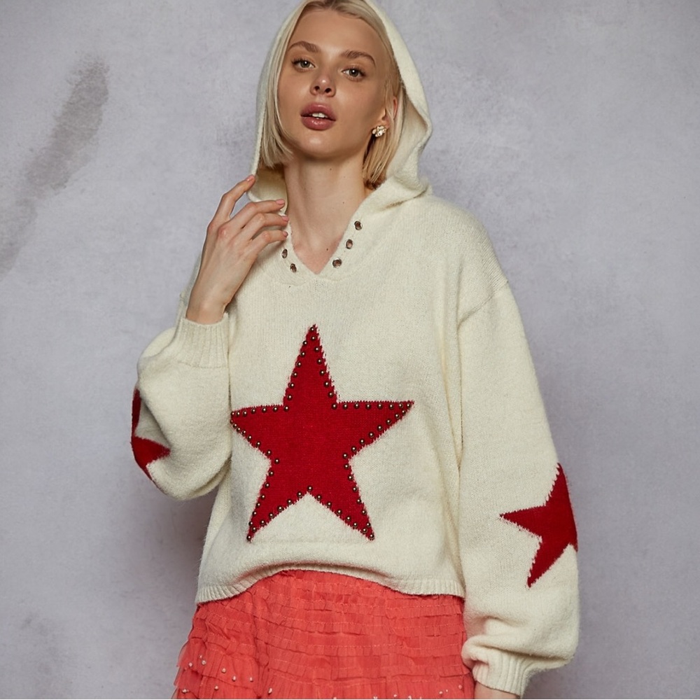 POL Balloon Sleeve Star Pattern Stud Detail Mohair Sweater Top